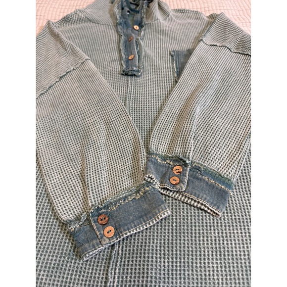 Womens Sage Green Beachy Lightweight Waffle Knit Henley Hoodie Indie Oversized - Picture 4 of 10